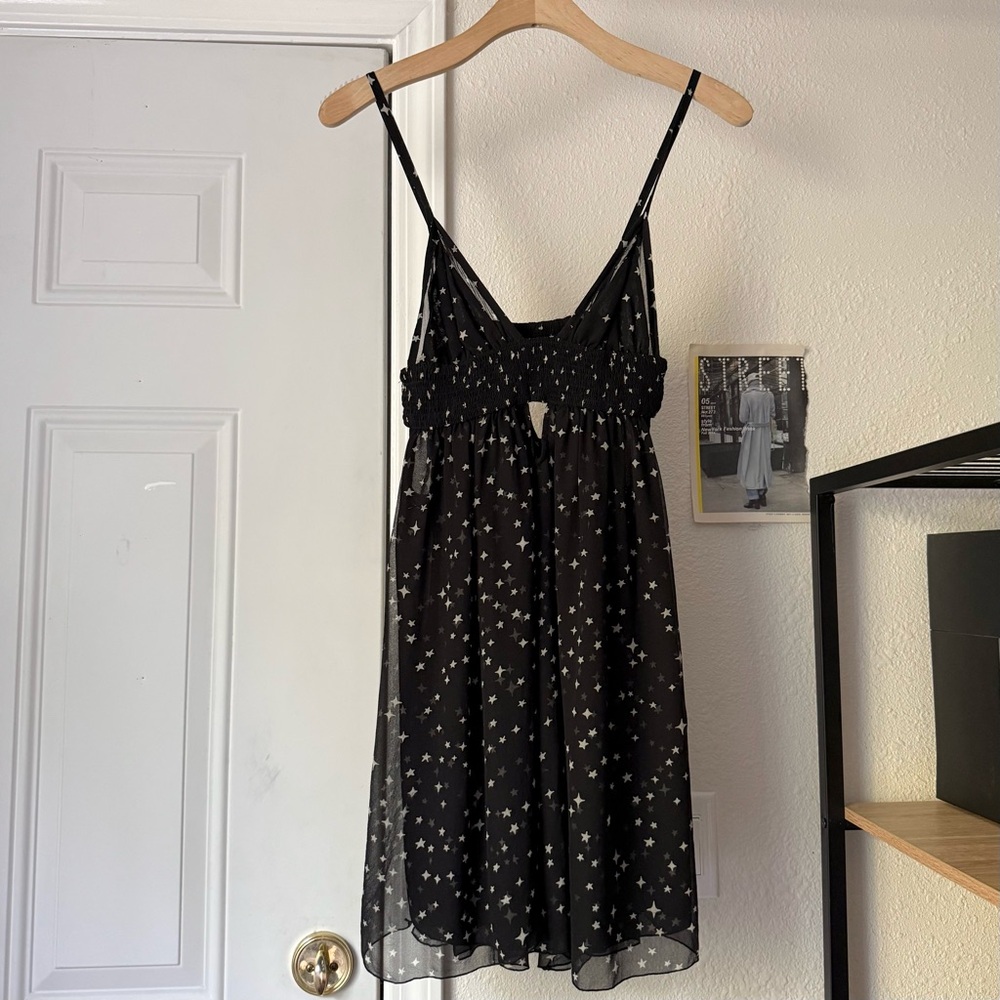 INDAH black silk star print ruched cutout‎ babydoll mini dress